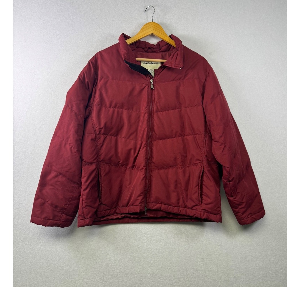 Eddie Bauer Puffer Jacket Mens XL Burgundy Goose Down Quilted Full Zip Outerwear